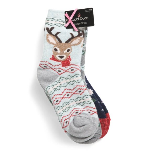 CUDDL DUDS Reindeer 3pk Brushed Holiday Crew Cut Socks - Picture 1 of 1